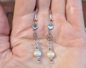 Silver and Pearl Dangle Earrings with Vintage Watch Gears, Hearts, and Glass Beads