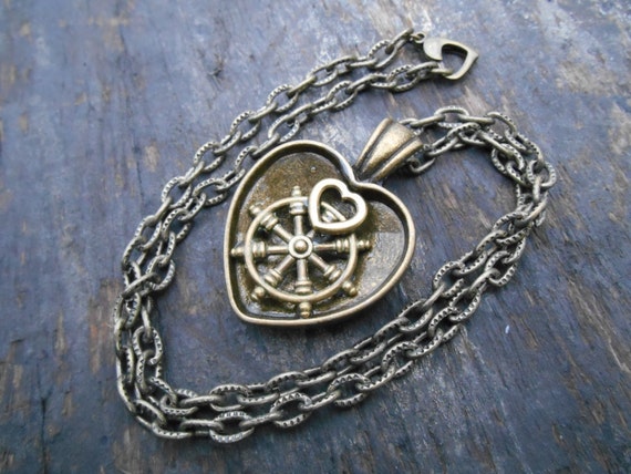 Nautical Ship's Wheel Heart Locket Necklace: Antique Bronze, Textured Chain