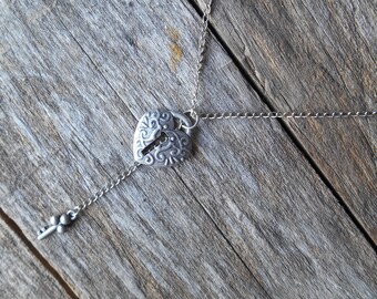 Heart Keyhole Pendant Necklace: Silver Tone Key Charm, Long Steel Chain