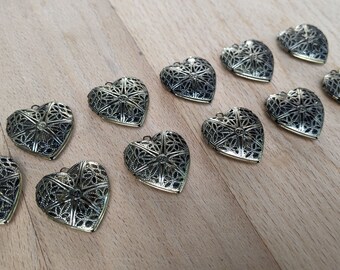 Bronze Filigree Heart Lockets: 1" DIY Necklace Charms (Set of 11)