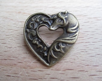 Horse Head Heart Brooch, New Bronze Metal, Small Pin Gift for Horse Lover Equestrian