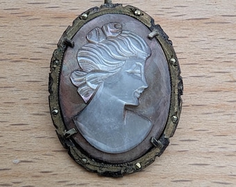 Antique Abalone Cameo, Oval Brooch Pendant, 1 1/4"