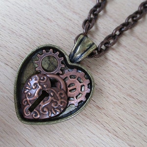 Large Heart Necklace in Copper and Bronze with a Key Hole & Gears on a 24&quot; (62 cm) Large Textured Copper Chain