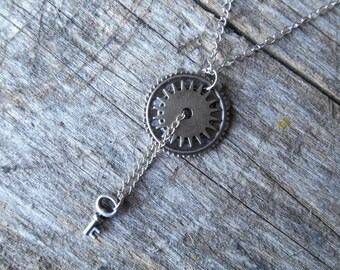 Silver Gear Necklace with Tiny Key Pendant: Steampunk Jewelry
