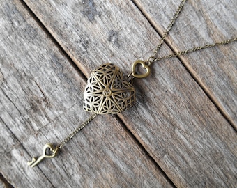 Filigree Heart Photo Locket Necklace: Bronze Metal with Key, 26" Chain