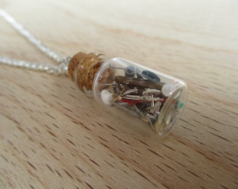 Steampunk Glass Vial Necklace with Vintage Watch Parts, on Bright Silver Metal Chain (27")