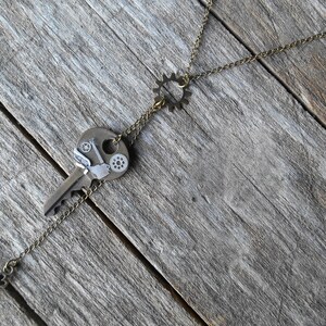 Vintage Key with Gears Necklace in Steel and Bronze on 25&quot; (64 cm) Fine Link Chain, Key to My Heart, Boyfriend Girlfriend Gift, Steampunk