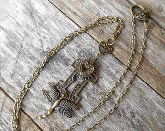 Antique Bronze Dragonfly Heart Necklace, Victorian Key Hole Pendant