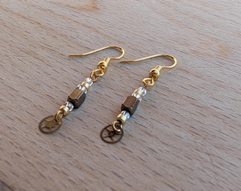 Bronze and Gold Dangle Earrings with Vintage Bronze Metal Watch Gears