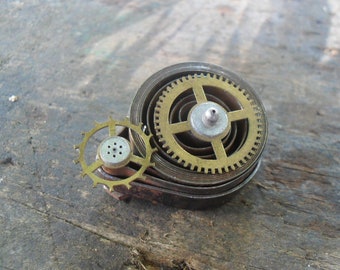 Unique Brooch of Vintage Clock Parts, Moving Gears and Clock Spring 1.75" x 1.25", Steampunk, Industrial, OOAK