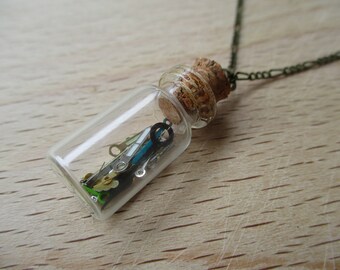 Tiny Watch Hands Glass Vial Necklace: 31" Bronze Chain, Steampunk Jewelry