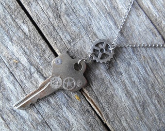 Key Necklace with Vintage Steel Gears, 'Key to My Heart' 25" Chain, Steampunk