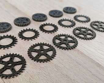 Fifteen Assorted Metal Gears, Antique Bronze Finish, Five Each of Three Different Styles, 3/4 - 1" Diameter