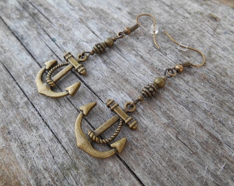 Bronze Anchor Dangle Earrings: Nautical Steampunk Jewelry