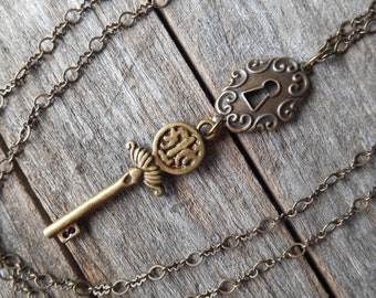 Key to My Heart Necklace: Antiqued Bronze Key and Keyhole Pendant, 23" Chain
