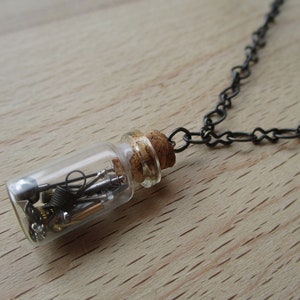 May include: A glass vial filled with small metal pieces hangs from a black chain necklace. The vial has a cork stopper.