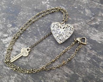 Filigree Heart Locket Necklace: Antique Bronze Key to My Heart, 18" Chain
