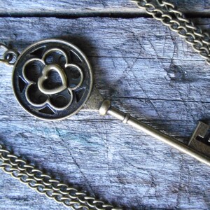 Antique Bronze Flower Key Necklace: Heart & Gear, Steampunk Love Token