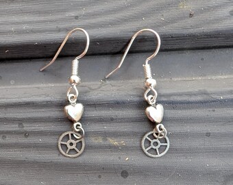 Silver Heart and Vintage Watch Gear Dangle Earrings