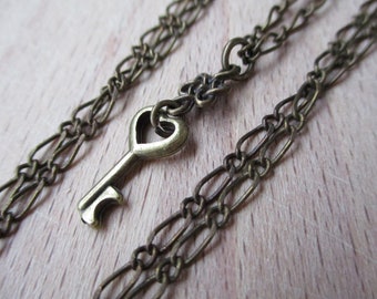Tiny Bronze Key Necklace: Heart Key Pendant, 28" Chain