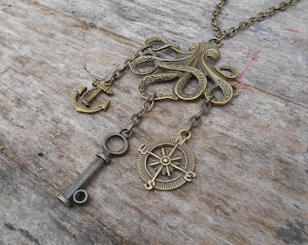 Naszyjnik Steampunk Octopus: wykończenie w kolorze antycznego brązu z kotwicą, kluczem i kompasem w mackach – łańcuszek 26"