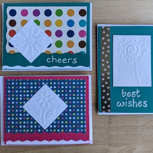 Drei handgemachte Grußkarten - Türkis, Rosa, Blau, Silber - Geprägte Blumen, Geschenk für alle Anlässe, Mitarbeiter, BFF, Muttertag