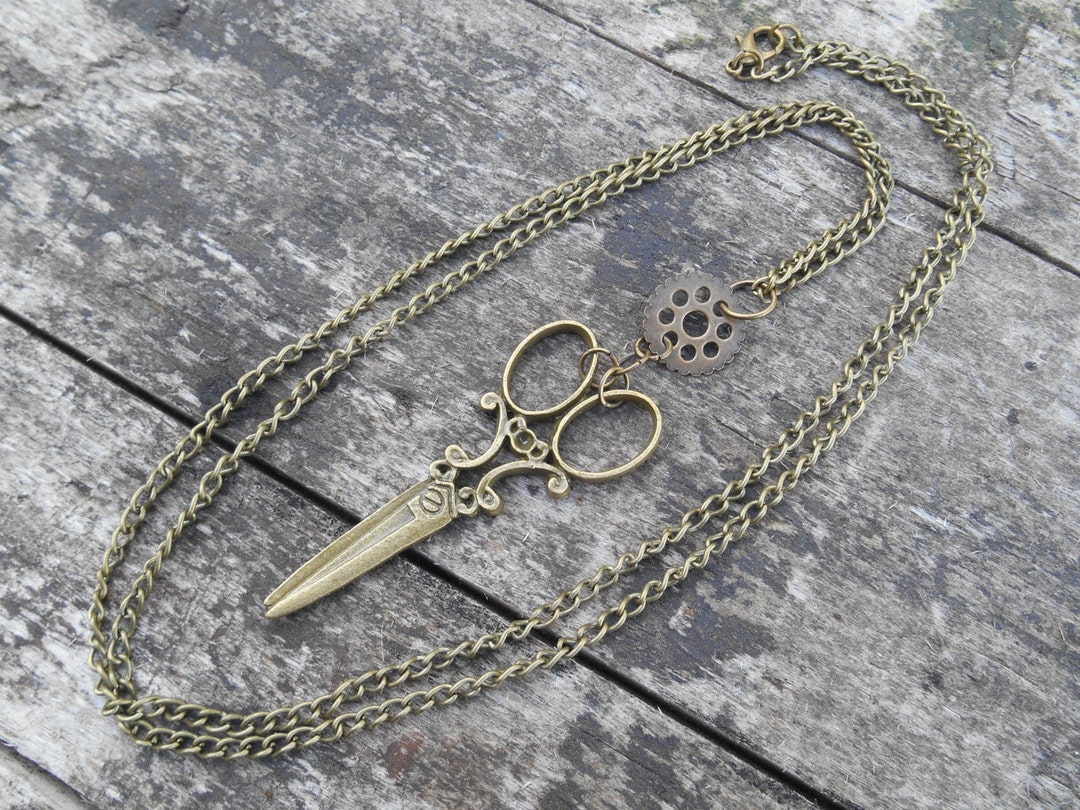 Scissors Chain Antique Bronze Scissors Necklace: Metal Gear Charm, 31