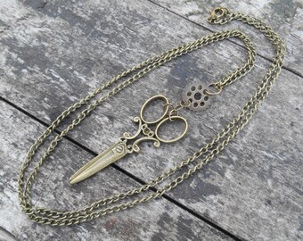 Antique Bronze Scissors Necklace: Metal Gear Charm, 31" Chain for Quilter or Crafter