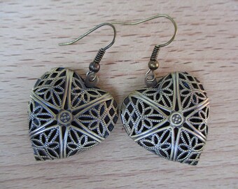 Filigree Heart Locket Dangle Earrings in an Antiqued Bronze Finish - 1 1/3" Long - The Lockets Open!