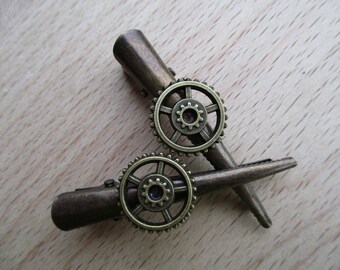 Bronze Gear Hair Clips: Steampunk Barrette Pins (Pair)