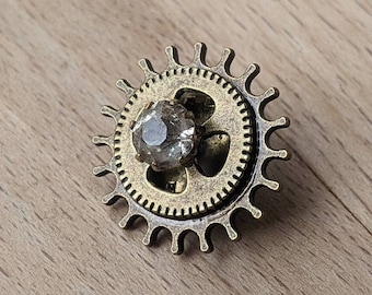 Bronze Gear Tie Tac, Crystal Gem Steampunk Pin, Handmade