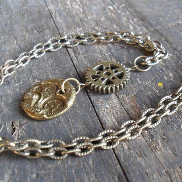 Steampunk Gear Necklace in Antique Bronze Finish on 28" (71 cm) Textured Chain, Pirate, Airship Captain, Men's Gift, Boyfriend Gift