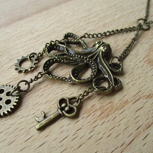 Octopus Necklace, Antique Bronze Finish with Key and Gears on 20&quot; (51 cm) Chain, Jules Verne, Steampunk, Pirate, Key to My Heart