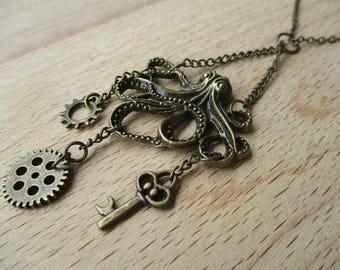 Steampunk Octopus Necklace in Antiqued Bronze Metal with Key and Gears Dangles