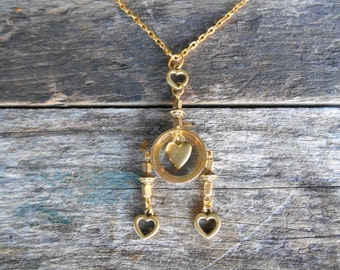 Steampunk Heart Necklace: Upcycled Watch Parts, Shiny Gold Tone, Chain 22.5", 57 mm
