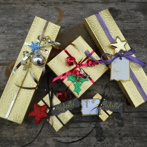 Gold Foil Gift Box for Earrings, Cufflinks, Brooches & Necklaces - Various Sizes, includes colored ribbon and small gift card