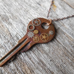 Key and Gears Necklace in Mixed Metals on 30&quot; (76 cm) Chain, Love, Sweetheart, Girlfriend, Boyfriend, Steampunk, Key to Her Heart