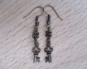 Bronze Skeleton Key Dangle Earrings: Celtic Knotwork, Teen Gift