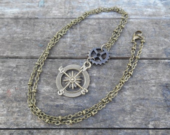 Steampunk Compass Rose Necklace: Antique Bronze Gear Pendant, 21" Chain
