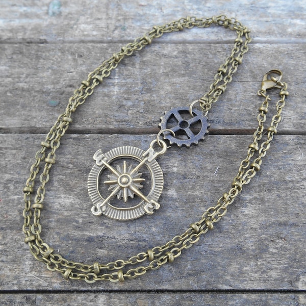 Steampunk Compass Rose & Gear Necklace in Antique Bronze Finish on 21" (56cm) Chain, Pirate, Steampunk, Airship Captain, Costume, Cosplay