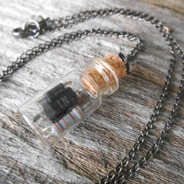 Computer Resistors in Small Glass Vial Necklace, 19" (48 cm) Gunmetal Grey Chain, Geek Necklace, Techie, One of a Kind