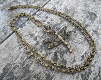 Bronze Dragonfly Necklace: Textured Heart Charm, Celtic Chain