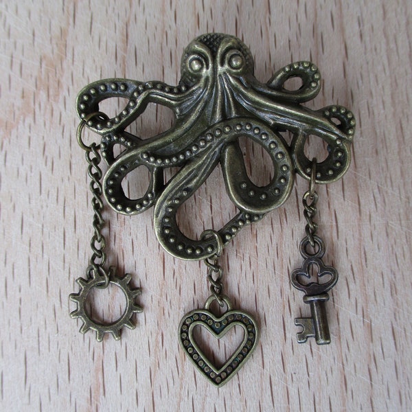 Octopus Brooch w/ Gear, Tiny Key, and Heart in Tentacles 1 3/4" (43 mm), Love, Pirate, Steampunk, Jules Verne, 20,000 Leagues Under the Sea