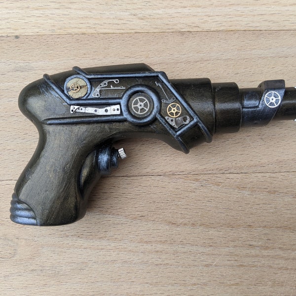Small Cosplay Prop Gun in Metallic Gold and Silver with Vintage Watch Parts, Plastic, 5" long, Steampunk Ray Gun
