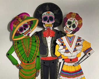 Day of the Dead PAPER DOLL, Day of the Dead print, paper gifts, skull print, Halloween dolls, Articulated dolls