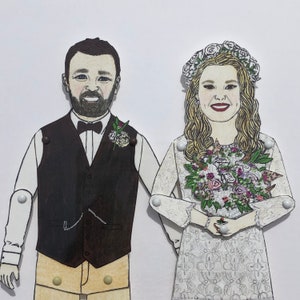 May include: A wedding illustration of a couple in a cartoon style. The groom is wearing a brown vest and a black bow tie. The bride is wearing a white dress with a floral pattern and a flower crown. The bride is holding a bouquet of flowers.