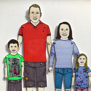 May include: A family portrait illustration featuring four people. The father is wearing a red polo shirt, the mother is wearing a blue and white striped shirt, the son is wearing a green shirt with a cartoon monster design, and the daughter is wearing a pink shirt with a butterfly design.