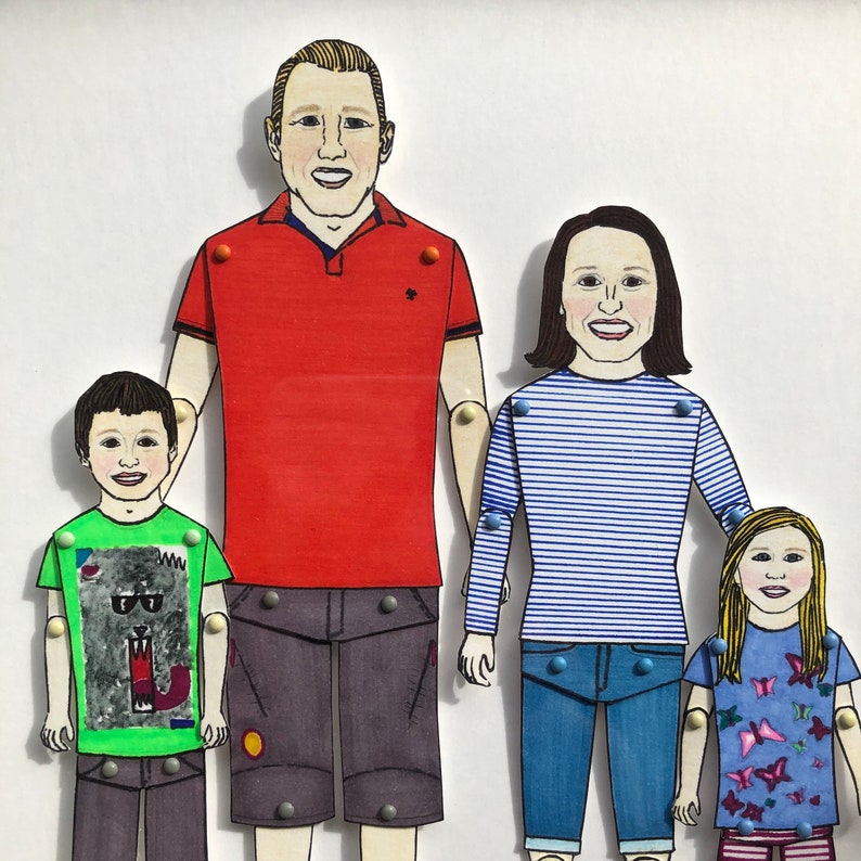 May include: A family portrait illustration featuring four people. The father is wearing a red polo shirt, the mother is wearing a blue and white striped shirt, the son is wearing a green shirt with a cartoon monster design, and the daughter is wearing a pink shirt with a butterfly design.