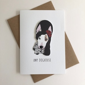 Amy Doghouse aka Amy Winehouse MUSICAL DOG A6 biglietto di auguri di carta bianca bambola