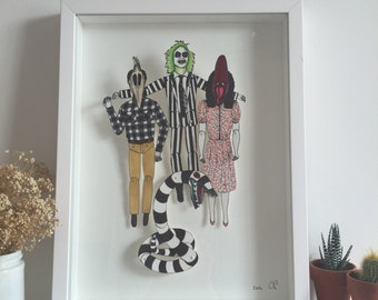 ORIGINAL ARTWORK FRAMED Beetlejuice Paper Dolls - Adam - Barbara - Beetlejuice Snake